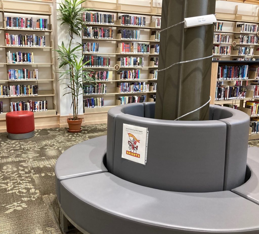 Social distance sign in the Hellgate High School Library